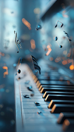 This image showcases a close-up of a piano keyboard, with musical notes seemingly floating in the foreground. The composition highlights the keys and notes against a blurred background, creating depth. The color palette is primarily cool, suggesting a modern or artistic concept. It may be suitable for advertising, editorial content, or design projects related to music.の素材