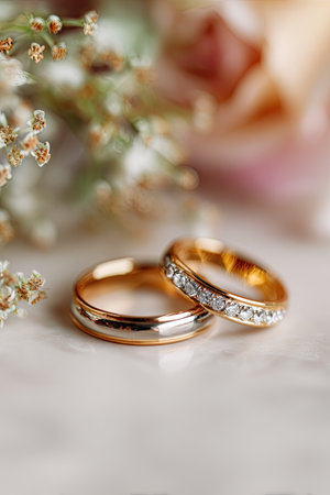 Two golden rings, one with embedded jewels, sit atop a light-colored surface. Delicate floral elements are visible in the background, adding to the composition's soft aesthetic. The image features shallow depth of field, emphasizing the rings. Suitable for commercial use in themes related to commitment, celebration, and love.の素材