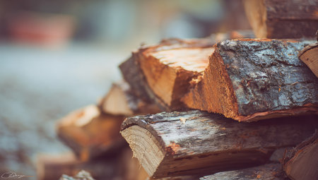 This image showcases a pile of freshly cut firewood, featuring rough textured bark and exposed wood grain. The warm tones of the wood contrast with a soft, blurred background. Ideal for illustrating themes of winter, warmth, and nature, it could be used in various commercial or editorial projects.の素材