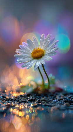 A detailed image features a single daisy, its white petals contrasting with a bright yellow center. The flower is adorned with water droplets, creating a fresh, dewy appearance. The background showcases a vibrant bokeh effect in various colors. Suitable for various creative and illustrative applications.の素材