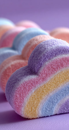 This image showcases a collection of heart-shaped marshmallows, each exhibiting a spectrum of pastel rainbow colors. The texture appears soft and slightly fuzzy, arranged on a complementary purple surface. The composition utilizes a shallow depth of field, with soft lighting enhancing the gentle tones. Suitable for various editorial and commercial applications.の素材