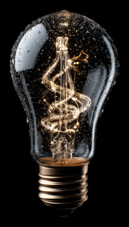 A close-up captures a lit lightbulb against a dark background. The bulb's filament is visible, emitting a warm, golden glow. Water droplets adorn the glass surface, adding texture. This image could serve various purposes from illustrating innovation to representing ideas, suitable for editorial or commercial uses.の素材