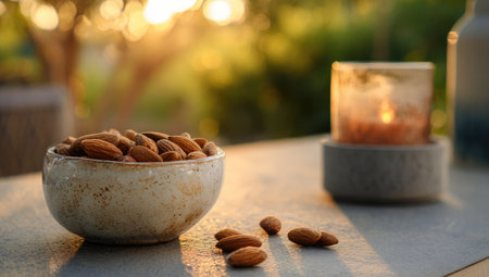 This image showcases a ceramic bowl filled with almonds, placed on a surface. A candle in a glass holder is out of focus in the background, with an element of nature. The lighting suggests an outdoor setting, likely during the day. It could be useful for culinary, health, or lifestyle content.の素材