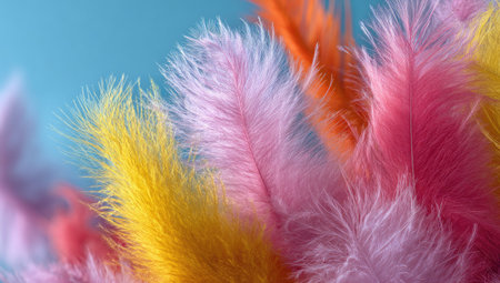 This close-up showcases a collection of vibrant feathers against a serene blue background. The image features a variety of colors, textures, and a soft, diffused lighting. It is suitable for artistic projects, decorative purposes, or editorial content. The composition may be used for backgrounds or design elements.の素材
