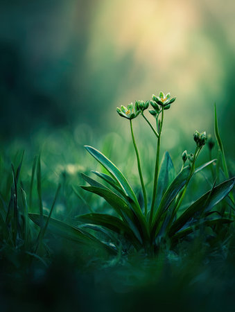 A detailed image displays slender green flowers emerging from a bed of lush green foliage. The composition showcases delicate textures and organic shapes. Soft, diffused sunlight bathes the scene, creating a gentle contrast. Suitable for editorial purposes and various commercial applications that require natural elements.の素材