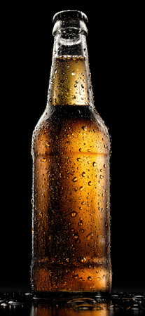 A single beer bottle is presented against a black backdrop, showcasing a refreshing beverage. The glass bottle is covered in condensation, highlighting the cold temperature. The image uses a high-contrast lighting to emphasize the details, making it suitable for food and beverage themed marketing or editorial purposes.の素材