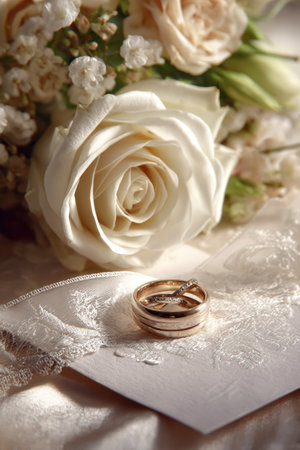 This image presents wedding rings resting on a piece of fabric, in front of a bouquet of white roses. The composition is lit with soft lighting, highlighting textures and details. This setup is suitable for commercial applications related to weddings, events, or romantic themes, with ample copy space available.の素材