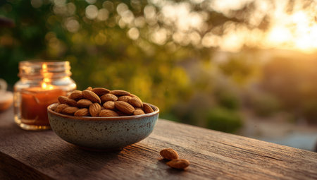 A close-up shot features a bowl filled with almonds, placed on a wooden surface with a soft, blurred background. The warm colors of the setting sun illuminate the scene, casting a golden light. This image could be used in various commercial applications, including culinary projects and wellness promotions.の素材
