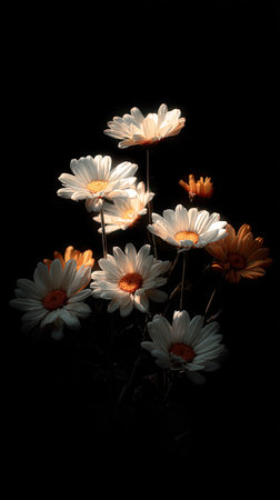 This image showcases a collection of daisy flowers, featuring white petals with yellow centers, set against a dark backdrop. The composition is likely illuminated by soft lighting, highlighting textures. Suitable for illustrating beauty, nature, or concepts related to growth. The image could be used for various design projects.の素材