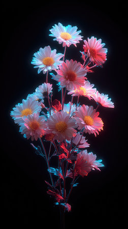 A striking image presents daisy flowers under dramatic lighting. The composition features white petals with yellow centers against a dark backdrop. The flowers are illuminated with a blend of red and blue hues. This artistic photograph could be suitable for various design projects or editorial applications.の素材