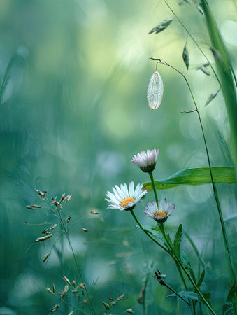 This image showcases delicate white daisies amidst green foliage. The composition features a shallow depth of field, with soft focus creating a dreamy aesthetic. Subtle lighting enhances the naturalistic elements. The image is suitable for a variety of editorial and commercial applications, offering a sense of tranquility and nature.の素材
