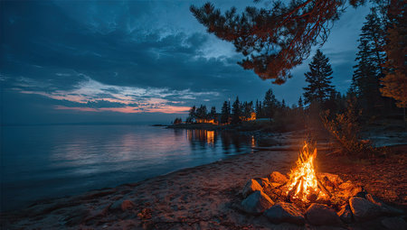 A campfire blazes on a shoreline as dusk descends. The scene presents a dark blue sky with scattered clouds, overlooking calm water and silhouetted trees. The warm glow of the fire contrasts with the cooler tones of the environment. This imagery is suitable for various commercial uses related to travel, nature, or relaxation.の素材
