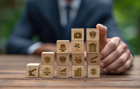 A close-up view depicts a person arranging wooden blocks, each featuring a distinct icon. The blocks are stacked on a wooden surface, suggesting an indoor setting. The image uses a shallow depth of field, with soft, natural lighting. Suitable for illustrations related to business, strategy, and conceptual design.の素材