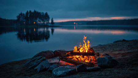 A campfire blazes brightly at the edge of a lake, illuminating rocks and creating a warm glow. The scene is set against a backdrop of water reflecting the dimming light of dusk. This image displays a tranquil atmosphere with potential for editorial and commercial use, highlighting the beauty of nature.の素材
