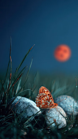 A vibrant butterfly rests on a textured rock, illuminated by the warm glow of a setting sun. The composition features a shallow depth of field, with soft focus elements enhancing the insect's intricate patterns. The image evokes a serene atmosphere, suitable for various editorial and commercial applications.の素材