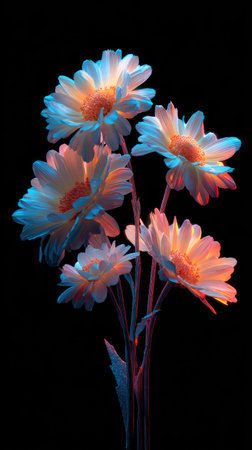 A cluster of delicate flowers is showcased against a dark background, highlighted by dynamic lighting. The composition features a variety of white petals contrasted with the dark backdrop, with orange and blue hues adding depth. Suitable for visual concepts and creative applications.の素材