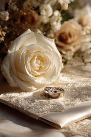 A close-up captures a pristine white rose beside two wedding rings on an ornamented fabric. Soft lighting casts delicate shadows, highlighting the fine details of the floral arrangement and the ring's design. This image could be suitable for use in romantic themes, wedding-related content, or illustrating concepts of love and commitment.の素材