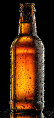 A wet beer bottle, amber in color, is isolated against a black backdrop. Small water droplets cling to the surface creating texture. The composition uses dramatic lighting, highlighting the bottle's details. Suitable for commercial projects or advertising materials related to beverages or leisure.の素材