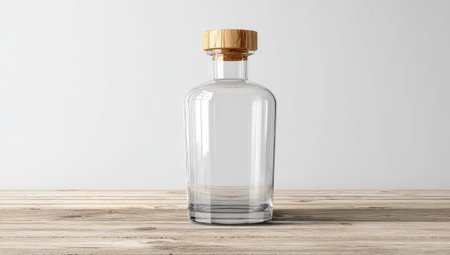 A transparent glass bottle with a wooden cork rests on a light-colored wooden surface. The bottle is empty, allowing the viewer to see through. The composition is simple, with soft lighting and a neutral white backdrop. This image can be used for various commercial purposes, including product promotion and advertising.の素材