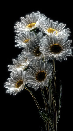 This image features a collection of daisies, showcased with a neon outline against a black backdrop. The composition highlights the delicate petals and central yellow components. The overall presentation is illuminated with bright, contrasting light, offering a stylized artistic look suitable for various commercial uses.の素材