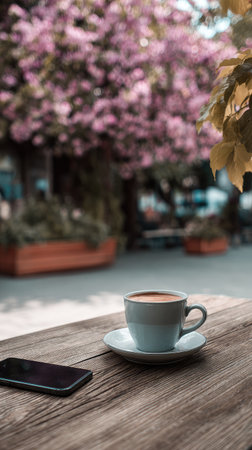A cup of coffee sits on a saucer beside a smartphone atop a wooden table. The background features blurred foliage and architectural elements suggesting an outdoor setting. The image uses a shallow depth of field, with soft colors and natural lighting. Suitable for use in lifestyle or editorial content.の素材