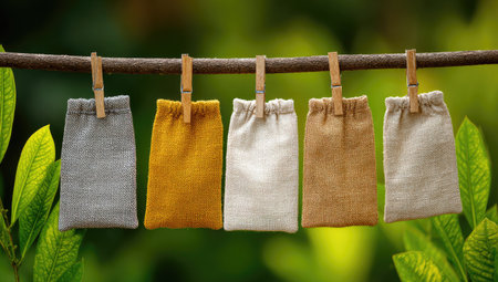 Five fabric bags of varying colors hang from a wooden branch, secured by wooden clips. The bags display neutral tones with textures that contrast against the green foliage. The scene is illuminated by natural light, creating a bright and airy atmosphere. Suitable for use in design, marketing, or illustrative contexts.の素材