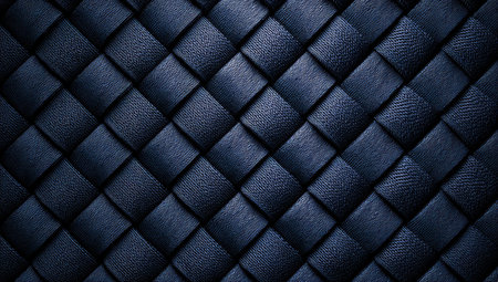 This image showcases a close-up of a woven leather texture in a dark blue hue. The repeating pattern creates a textured surface, possibly for use in backgrounds or design elements. The lighting appears soft, highlighting the depth and tactile qualities of the material. It could be suited for various commercial or editorial applications.の素材