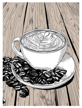 An illustration depicts a coffee cup on a saucer, surrounded by coffee beans, on a wooden surface. The artwork features a detailed line art style with black and white tones, creating contrast. This image could be used for various purposes, including editorial content or commercial projects.の素材