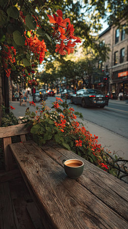 A coffee cup rests on a rustic wooden table, framed by vibrant red flowers. The photograph showcases an urban street scene with buildings and passing vehicles. Soft sunlight bathes the composition, suggesting a day setting. This image is suitable for various commercial uses, including lifestyle and travel themes.の素材