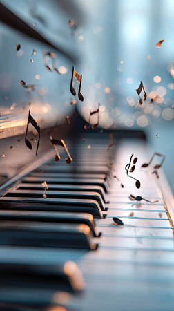 This image presents a piano keyboard with numerous stylized musical notes seemingly suspended in mid-air. The composition highlights the instrument's keys with warm lighting. The image's shallow depth of field creates a sense of dynamism. This visual is suitable for a variety of creative and commercial applications.の素材