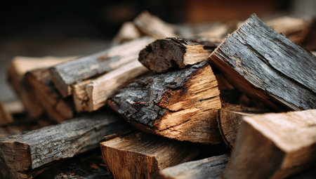 This image showcases a pile of wooden logs with varying shades of brown and gray. The textures of the wood are clearly visible with a shallow depth of field. The scene evokes the feeling of an outdoor environment, possibly related to warmth and nature. It could be used for various projects.の素材