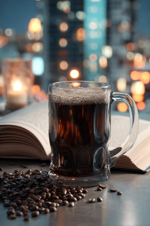 A glass mug filled with coffee sits on a table beside an open book and scattered coffee beans. The scene is illuminated by soft light. The background features blurred city lights creating a warm ambiance. This image can be used for promotional material or editorial content related to beverages or reading.の素材