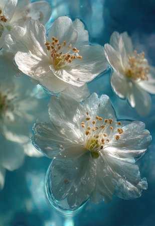 This image showcases delicate white flowers gently floating on a body of clear, blue water. The flowers exhibit intricate petal detail with bright yellow stamens at the center, illuminated by soft lighting. This composition, with its color contrast, could be suitable for various commercial uses, including artistic designs.の素材