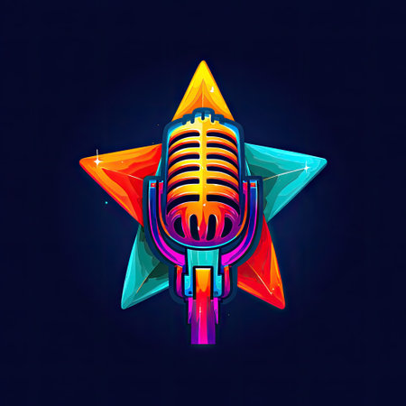 An illustrated microphone is centrally positioned over a star, showcasing a vibrant color palette of orange, yellow, and blue hues. The image displays a digital art style. It is set against a dark background, and its clean design is suitable for various commercial purposes such as advertising or editorial content.の素材