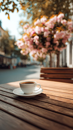 A coffee cup rests on a saucer atop a wooden table, with a blurred street and a tree with pink blossoms in the background. The image features natural sunlight and a shallow depth of field, creating a soft focus. Suitable for use in lifestyle or editorial content related to beverages or relaxation.の素材