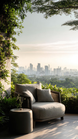An outdoor scene features a modern armchair and side table, set against a backdrop of a city skyline. Lush green foliage frames the scene, while soft sunlight bathes the setting. This image could be used for lifestyle, architectural, or travel-related purposes.の素材