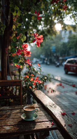A cup of coffee sits on a wooden table, featuring an outdoor scene. Red flowers bloom against a backdrop of a blurred street with vehicles and buildings. The image uses natural light, creating a warm atmosphere with soft focus. Suitable for use in lifestyle or travel-related publications.の素材