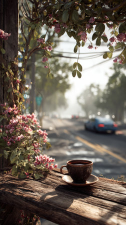 A coffee cup rests on a rustic wooden table, with delicate pink flowers framing a view of a street. The scene is bathed in soft sunlight, and a blurred background reveals a road with a car. This image might be suitable for use in promotional material related to beverages or relaxation, etc.の素材