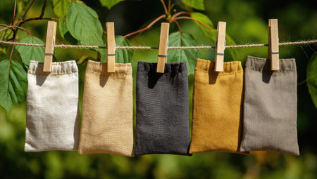 Five rectangular fabric bags of varying colors hang from a clothesline, attached with wooden clips. The image showcases natural lighting and a shallow depth of field, with the background blurred, featuring green foliage. Suitable for product displays, advertising concepts, or illustrations related to eco-friendly practices.の素材