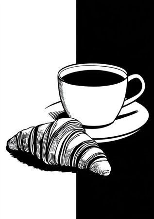 An illustration depicts a coffee cup on a saucer and a croissant. The monochromatic style uses lines for texture and shading. The composition features a high-contrast black and white split background. Suitable for various editorial and commercial applications, it presents a simple breakfast theme.の素材