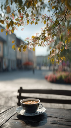 A cup of coffee sits on a saucer atop a wooden table, in front of a bench. Blooming tree branches frame the top of the image. The background reveals a blurred city street with buildings and foliage. Suitable for lifestyle, leisure, and design projects, the image has warm tones.の素材
