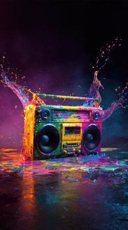 An artistic representation of a boombox, highlighted with colorful water splashes. The image showcases vibrant hues across the device and surrounding water, contrasted against a dark environment. This digital artwork can be used for promotional material or creative projects where a bold visual statement is needed.の素材