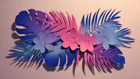 This image showcases a vibrant arrangement of paper flowers and leaves. The composition features a variety of colorful elements with shades of pink, purple, and blue. The visual style employs detailed cutouts and soft lighting, suggesting a decorative craft against a neutral background. Suitable for design projects and commercial use.の素材