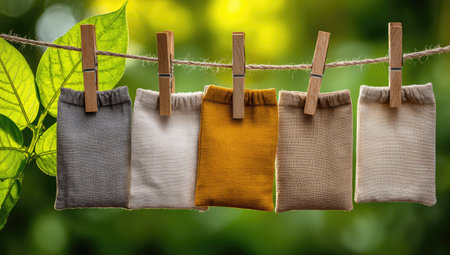 Five fabric bags of varying colors hang from a clothesline, secured by wooden clothespins. The bags exhibit different textures and tones, with a muted palette. The background is blurred, showcasing a vibrant green, suggesting an outdoor setting with sunlight, suitable for editorial or commercial content.の素材