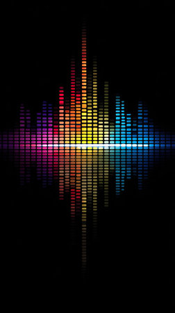 An abstract visual representation features a digital audio spectrum. The image presents a vibrant array of colors forming an equalizer graphic against a dark backdrop. The composition is a symmetrical display. Suitable for various design projects, this image can be used for presentations and advertising.の素材