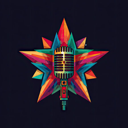 An illustration presents a retro microphone centered within a vibrant starburst design. The artwork features a palette of bold colors, creating a visually dynamic composition against a dark background. This image could be utilized in various promotional materials or designs related to music, broadcasting, or entertainment.の素材