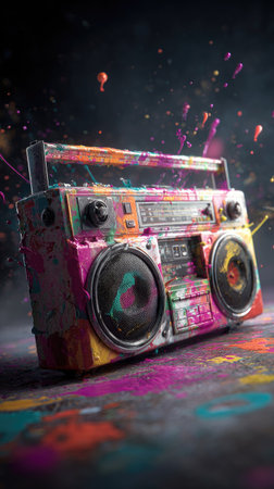 An artistic representation of a boombox, vibrant with colorful paint splashes. The image showcases a vintage audio device, rendered with diverse hues. The composition may imply the concepts of music, sound, and retro technology, useful for diverse commercial applications.の素材