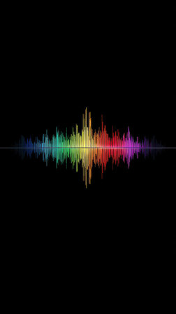 A vibrant audio waveform is displayed against a solid black background. The graphic features a spectrum of colors, including green, yellow, orange, and purple. The design utilizes symmetrical composition and lighting effects to enhance visual appeal. It can be used for various projects related to music, technology or data visualization.の素材