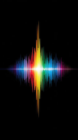 This image features a vibrant sound wave design set against a stark black background. The visual is characterized by a spectrum of bright colors, creating a dynamic and energetic feel. It appears to be a digital illustration, potentially suitable for a variety of creative and commercial applications.の素材