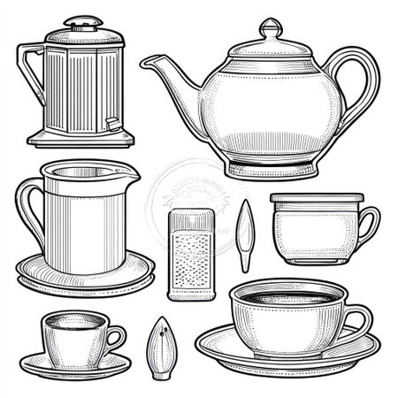 This black and white illustration presents various objects associated with coffee and tea preparation. The composition includes teapots, cups, and other utensils, rendered in a simple, line-art style. The objects are isolated against a white background, suggesting potential use in design, decoration, or editorial content.の素材